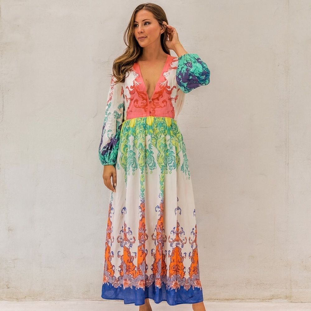 Beulah Multicolor Paisley Balloon Sleeve Midi Maxi Dress Size Large NWT